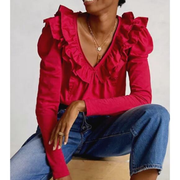 Anthropologie Tops - Anthropologie Ruffle Lace Collar V-Neck Pink Long Sleeve Top NWTs size XS